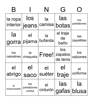 La Ropa Bingo Card