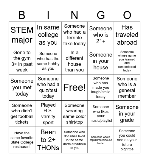 Bigs and littles Bingo Card