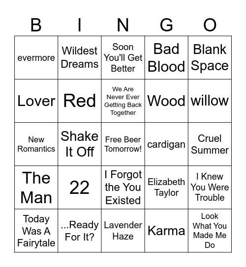 Tay Tay Bingo Card