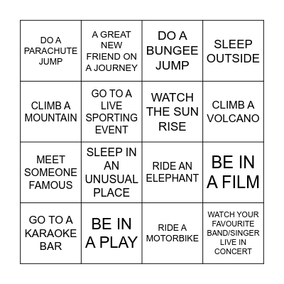 EXPERIENCES Bingo Card