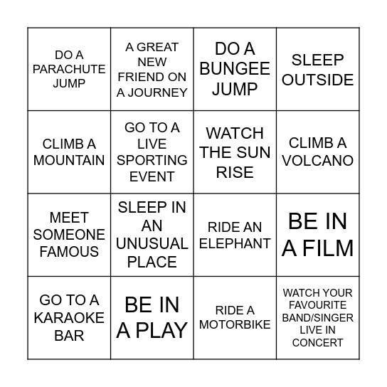 EXPERIENCES Bingo Card