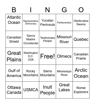 North American Geography Bingo Card