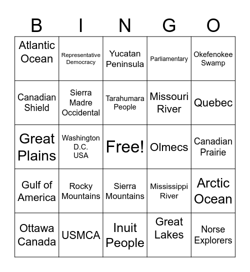 North American Geography Bingo Card