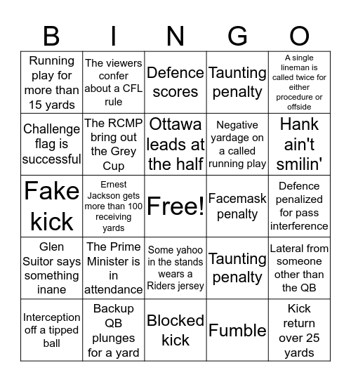 Grey Cup 2016!!! Bingo Card