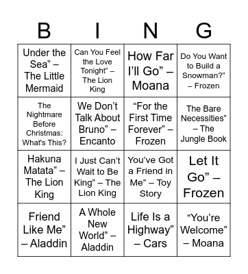 Disney Songs Bingo Card