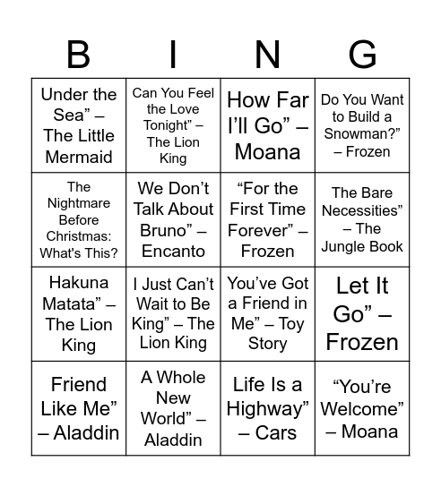 Disney Songs Bingo Card