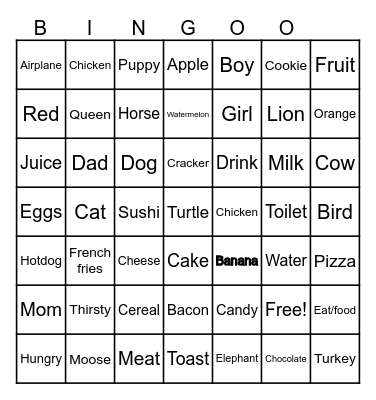 ASL Foods and Animals Bingo Card