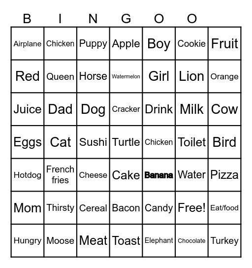 ASL Foods and Animals Bingo Card