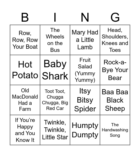 Nursery Rhymes Bingo Card