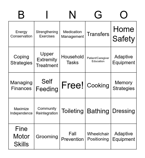 Occupational Therapy Bingo Card