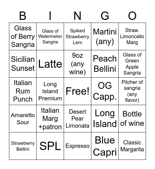 Drink bingo Card