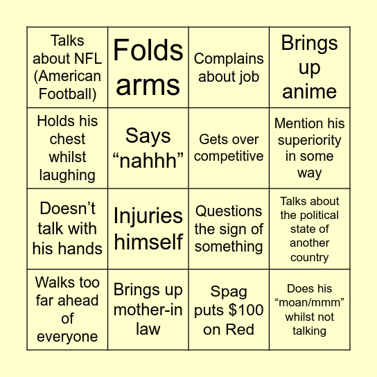 Spag’s Bucks Party Bingo Card