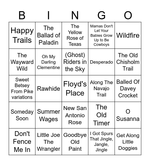 WESTERN SONGS Bingo Card