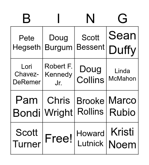 The Cabinet Bingo Card