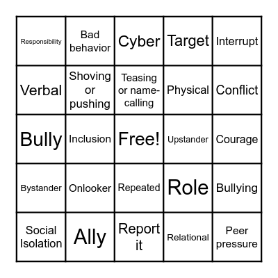 Bullying Prevention Bingo Card