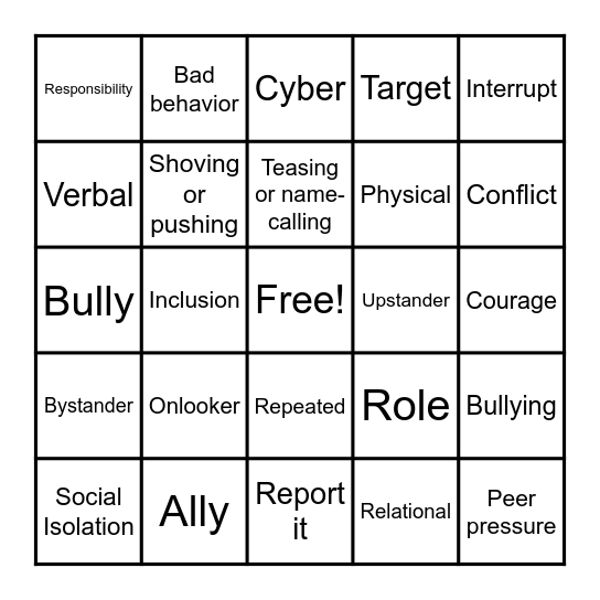 Bullying Prevention Bingo Card
