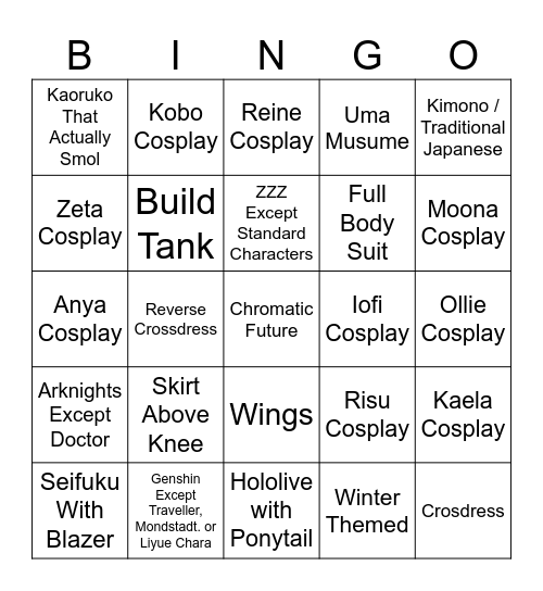 CF 21 Cosplay Bingo Card