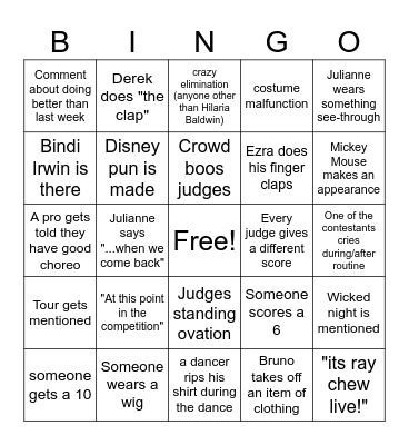 DWTS Disney Night! Bingo Card