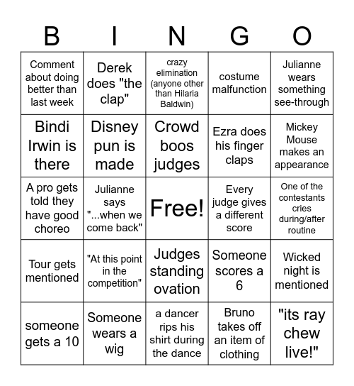 DWTS Disney Night! Bingo Card
