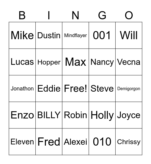 Stranger things Bingo Card