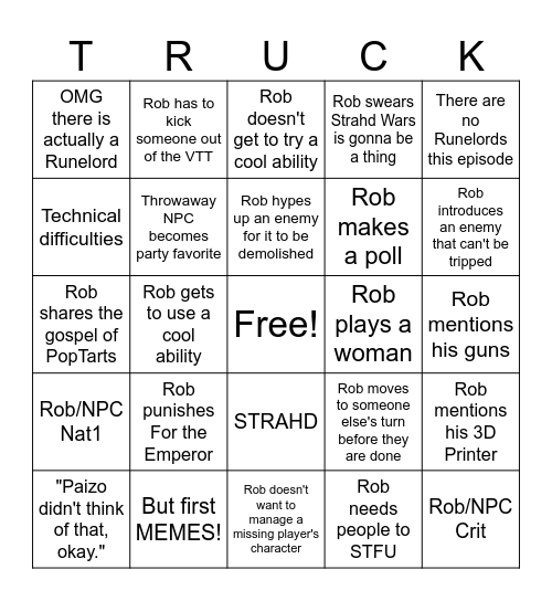 Rise of the Runelords: Rob Bingo Card