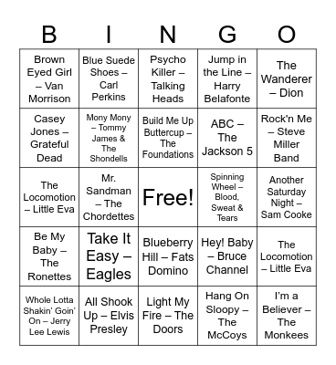 OLDIES MUSIC BINGO Card