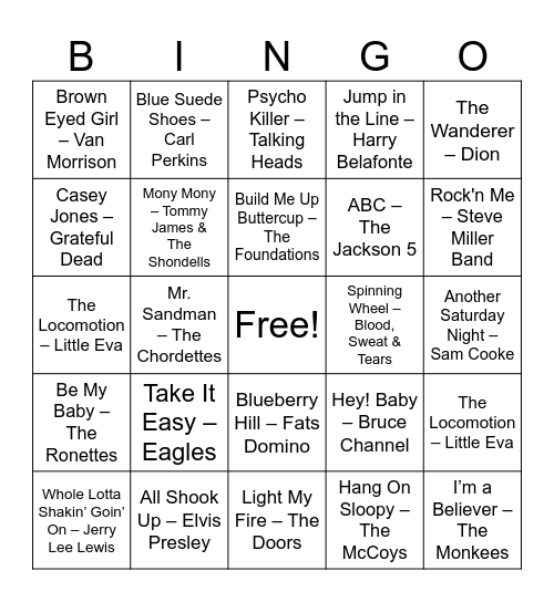 OLDIES MUSIC BINGO Card