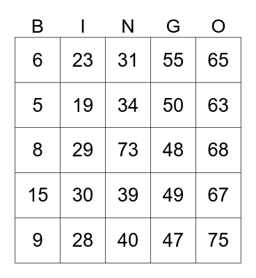 Number Bingo Card