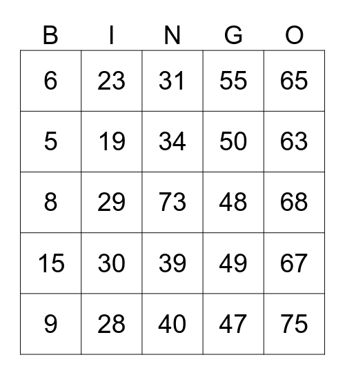 Number Bingo Card