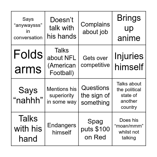 SPAG'S BUCKS PARTY BINGO Card