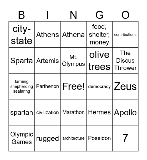 Ancient Greece Bingo Card