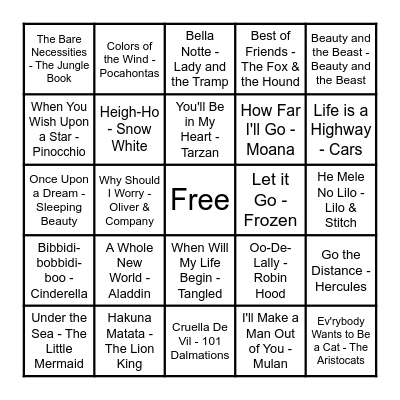 DISNEY SONGS Bingo Card