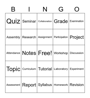 EDUCATION AND CLASSROOM VOCABULARY Bingo Card