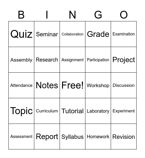 EDUCATION AND CLASSROOM VOCABULARY Bingo Card