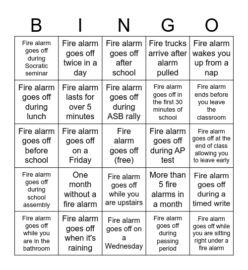 MVHS Fire Alarm BINGO! Bingo Card