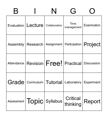 EDUCATION AND CLASSROOM VOCABULARY Bingo Card