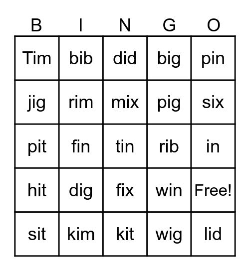 Short I CVC Bingo Card