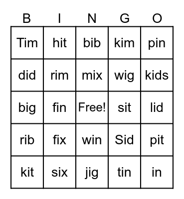 Short I CVC Bingo Card