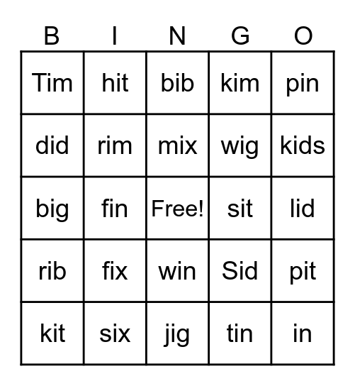 Short I CVC Bingo Card