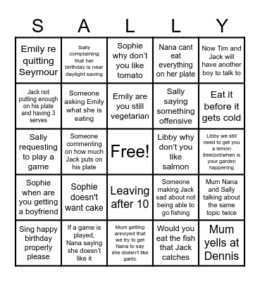Family dinner Bingo Card