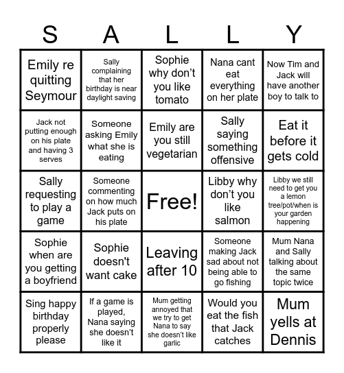 Family dinner Bingo Card
