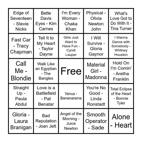 80's LADIES Bingo Card