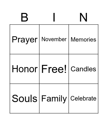 All Souls' Day Bingo Card