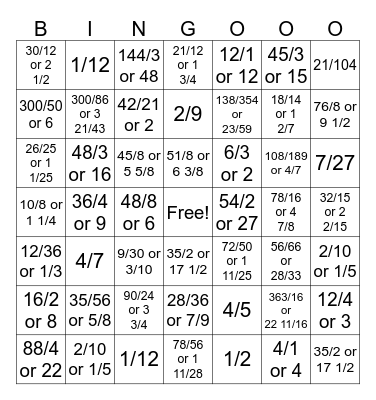 Multiplication and Division of Fractions Bingo Card