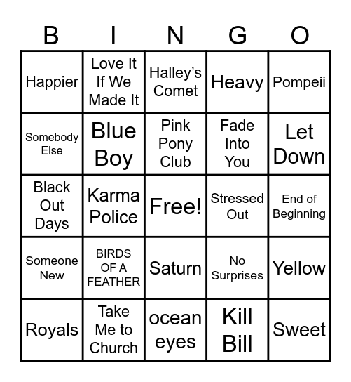 Billie Eilish Bingo Card