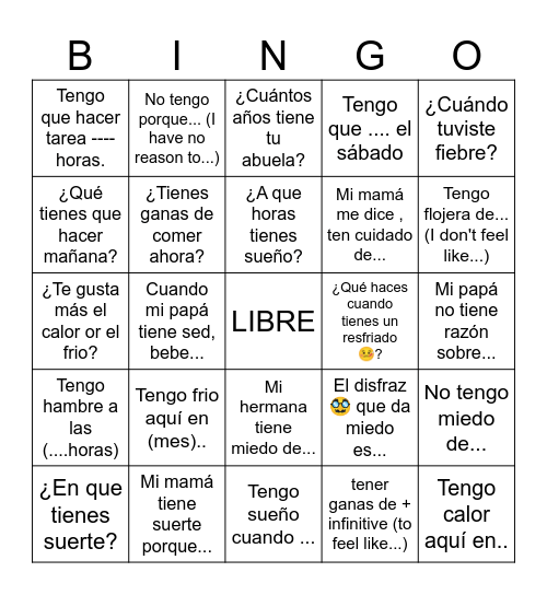 Tener Expressions Bingo Card