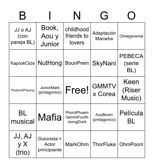 GMMTV Bingo Card