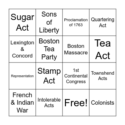 Road to the Revolution Bingo Card