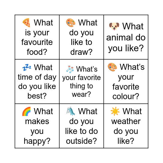 'What' Questions Bingo Card