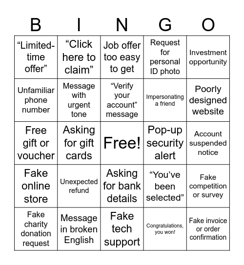 Spot the Scam Round 2 Bingo Card
